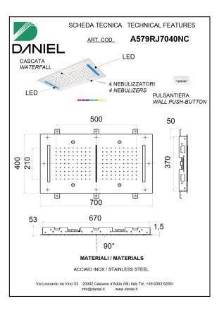 Daniel, встроенная лейка для душа (3х режимная) с 7 цветной светодиодной подсветкой, диаметр 700х400 мм, цвет хром, артикул A579RJ7040NC