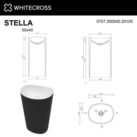 Умывальник WHITECROSS Stella 50x40 (черный/белый мат) иск. камень