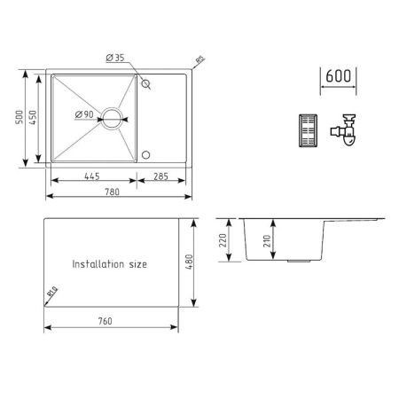 Кухонная мойка Ulgran Steel 780x500, брашированная сталь, артикул US 780-001