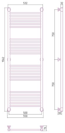 Полотенцесушитель, Сунержа, Богема +, прямая, водяной, ширина, мм-550, глубина, мм-76, высота, мм-1562, межосевое расстояние-500, подключение-диагональное/нижнее/вертикальное, мощность, Вт-775, присоединительный размер-НР G 1/2" / НР G 3/4" (эксцентрик), , артикул 12-0220-1550