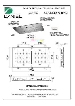 Daniel, встроенная лейка для душа (3х режимная) с 7 цветной светодиодной подсветкой, диаметр 400х700 мм, цвет хром, артикул A579RLE17040NC