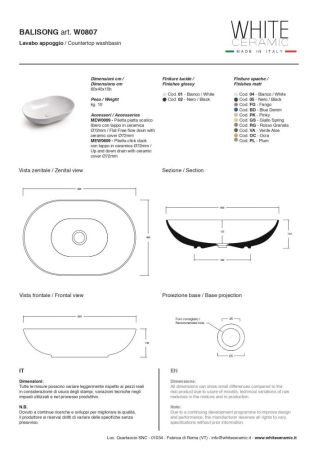 White Ceramic Balisong, накладная овальная раковина 60x40x15h см, в комплекте с донным клапаном, цвет кофейный матовый, артикул W0807SETCF/Balisong