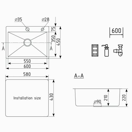 Кухонная мойка Ulgran Steel 600x450, черная брашированная сталь, артикул US 600-002