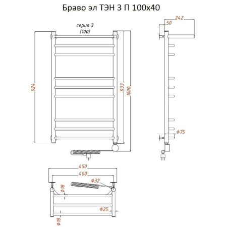 Электрический полотенцесушитель Тругор Браво 3 элТЭН 100x40 с полкой Хром, артикул Браво3/элТЭН10040П
