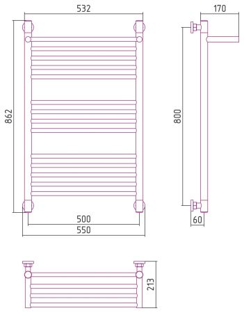 Полотенцесушитель водяной "БОГЕМА 1П +" 800х500 (Состаренная ЛАТУНЬ), артикул 051-0223-8050