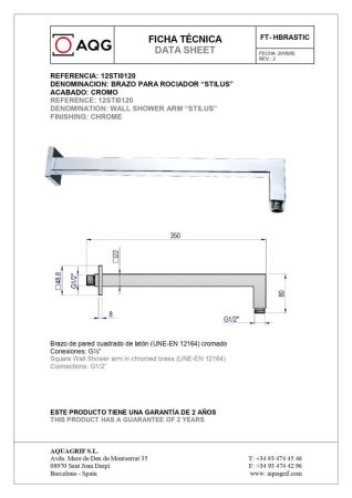 AQG, настенный квадратный кронштейн  STILUS длиной 35 см, для верхнего душа, цвет хром, артикул 12STI0120