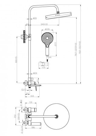 METAURO-CVD-GM Душевая стойка со смесителем и изливом, оружейная сталь, артикул METAURO-CVD-GM