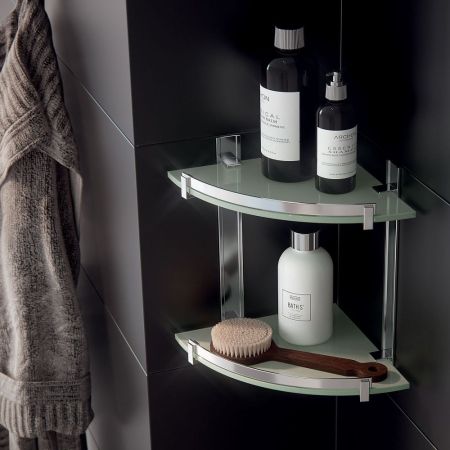 Gedy, стеклянная полукруглая 2-х уровневая полка с бортиком (26х26хh30), цвет зачищенный хром, артикул CD81(38)