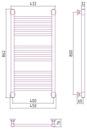 Полотенцесушитель, Сунержа, Богема +, прямая, водяной, ширина, мм-450, глубина, мм-76, высота, мм-862, межосевое расстояние-400, подключение-диагональное/нижнее/вертикальное, температура теплоносителя-до 95°С, мощность-Вт-421, присоединительный размер-НР 