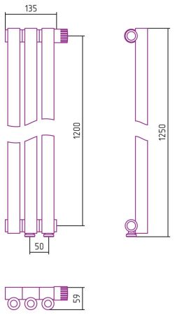Отопительный радиатор ЭСТЕТ-0 н/ж EU50 правый 1200х135 / 3 сек (Матовый ЧЁРНЫЙ), артикул 31-0321-1203