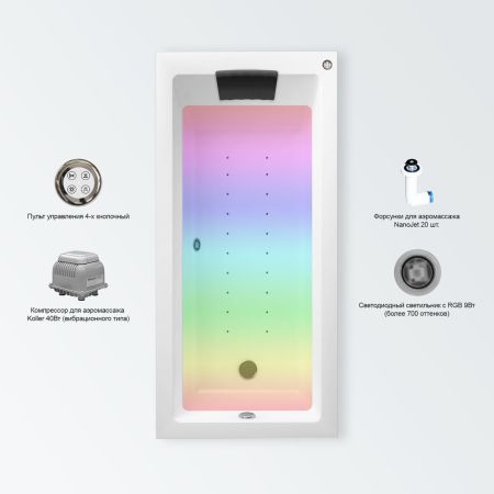 Аэромассажный комплект с хромотерапией 5 в 1 Lavinia Boho Element 362700AC, акриловая ванна 170x80 см, каркас с монтажным набором, подголовник, хромотерапия, аэромассаж, артикул 362700AC