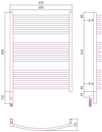 Полотенцесушитель, Сунержа, Аркус 3.0, электрический, ширина, мм-630, глубина, мм-115, высота, мм-920, межосевое расстояние-600, подключение-нижнее слева, электрокомплект-МЭМ, мощность, Вт-300, материал-нержавеющая сталь, цвет-без покрытия