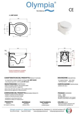 Olympia Impero Style, подвесной унитаз c крепежом, 53x39 см, цвет белый глянцевый, артикул IMP120201