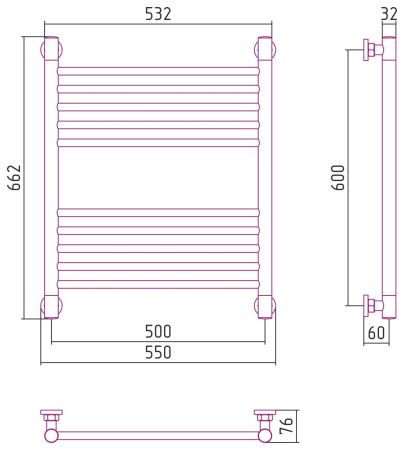 Полотенцесушитель, Сунержа, Богема +, прямая, водяной, ширина, мм-550, глубина, мм-76, высота, мм-662, межосевое расстояние-500, подключение-диагональное/нижнее/вертикальное, температура теплоносителя-до 95°С, мощность-Вт-357, присоединительный размер-НР , артикул 020-0220-6050
