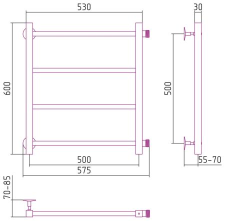 Полотенцесушитель водяной СТИЛЬЕ "Версия-КБ" 500х500 (4) П 20х20 (Чёрный)