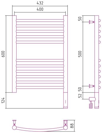Полотенцесушитель, Сунержа, Богема 3.0, выгнутая, электрический, ширина, мм-432, глубина, мм-88, высота, мм-724, межосевое расстояние-400, подключение-нижнее справа, электрокомплект-МЭМ, мощность, Вт-300, материал-нержавеющая сталь, назначение-система эле, артикул 00-5803-6040