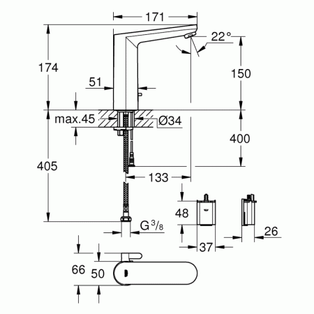 Смеситель для раковины электронный, питание от батарейки 36422001 Eurosmart Cosmopolitan, артикул 36422001