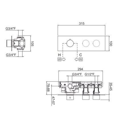 Carimali ILTONDO Внешняя часть горизонтальная термостатического  смесителя на 2 потребителя. Квадратная пластина и круглые ручки. хром, артикул 21029EST/O-CR