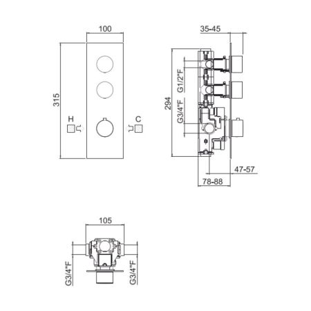 Carimali ILTONDO Внешняя часть вертикальная двухстороннего горизонтального термостатического смесителя с высокой проп. способн.. круглые ручки. хром