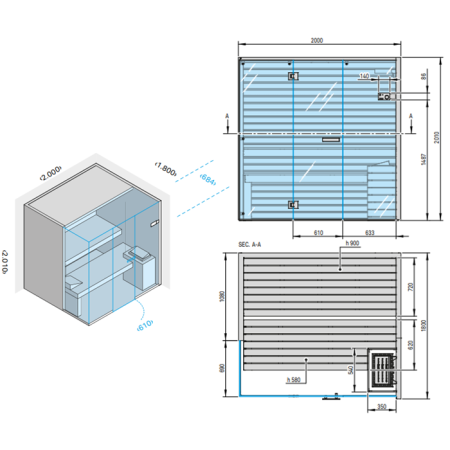 Effegibi Sky Corner 80 Био-Сауна 200x180xh201см, DX, отделка: канадский хемлок, артикул BI 55 40 0018
