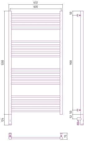 Полотенцесушитель электрический "БОГЕМА 3.0" прямая 1200х600 / МЭМ левый (Матовый белый)