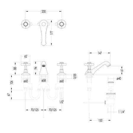 Devon Coventtry Смеситель для раковины на 3 отв. . с донным клапаном, цвет никель блестящий, артикул MARF26NKS