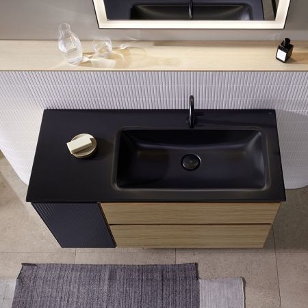 BURGBAD ACCURA Комплект мебели 1117х490х612 мм., 2 ящика, 1 стеклянная дверца слева Антрацит, в комплекте с черной матовой раковиной, цвет Eiche natur, артикул SGVI111R F6077 C0038