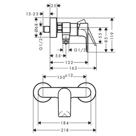 Смеситель для душа, Hansgrohe, Rebris E, тип открывания воды-однорычажный, тип регулирования воды-керамический картридж, монтаж-настенный, отверстия для монтажа-2, цвет-хром, артикул 72650000