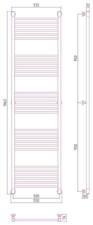 Полотенцесушитель, Сунержа, Богема +, прямая, водяной, ширина, мм-550, глубина, мм-76, высота, мм-1962, межосевое расстояние-500, подключение-диагональное/нижнее/вертикальное, мощность, Вт-1112, присоединительный размер-НР G 1/2" / НР G 3/4" (эксцентрик),, артикул 30-0220-1950