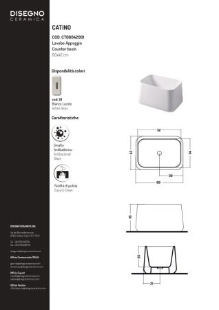 Disegno ceramica Catino, накладная прямоугольная раковина 60х42хh35 см, цвет белый глянцевый, артикул CT06042001