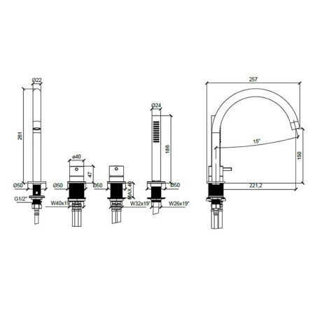 Смеситель для ванны и душа, Almar, тип открывания воды-однорычажный, тип регулирования воды-керамический картридж, монтаж-на борт ванны, отверстия для монтажа-4, вынос излива, мм-221,2, в комплекте-вытяжной ручной душ, переключатель, цвет-хром, артикул E214006.CR
