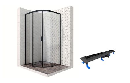 Душевой уголок Ambassador Queen Black 11011201-ST8, полукруглый, линейный трап, 90х90, артикул 11011201-ST8