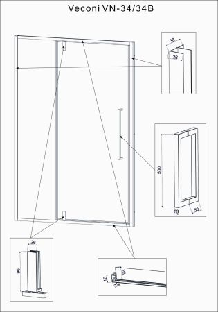 Душевая дверь Veconi Vianno VN-34B, 1100x1950, черный, стекло прозрачное, артикул VN34B-110-01-C7
