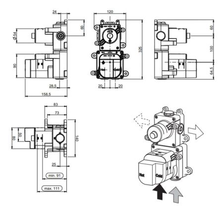 Внутренняя часть, Almar, Water Control High Flow, термостатического смесителя для душа с 3-мя запорными вентилями, артикул E176003