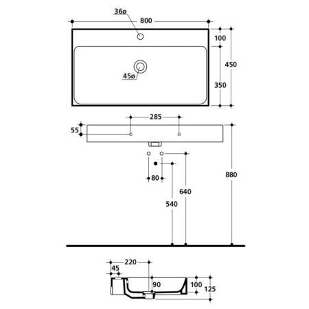 KERASAN Cento раковина 80х45 подвесная c 1отв под смеситель, белая, артикул 353301*1 bi