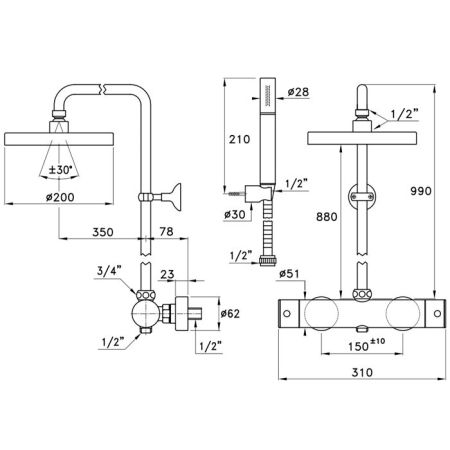 Stella Bamboo Душевой комплект 3287/304-200: термостатический смеситель, штанга+ручной+верхний душ 200мм, цвет: хром, артикул UN 02610 CR00