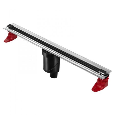 Желоб BERGES водосток напольный SUPER Slim 600 нержавеющая сталь, решетка  матовый черный, S-сифон D50/110 вертикальный, артикул 095052