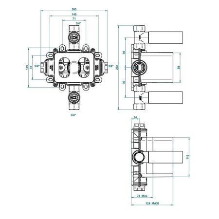 THG General items Встраиваемая часть термостата на 3/4" с 2-мя вентилями