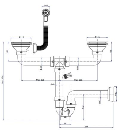 Сифон двойной  3 1/2"  с круг пер черный, артикул 12G14PB4-P2A  черн