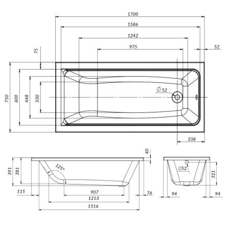W90A-170-075W-A Gem Ванна акриловая 170x75, артикул W90A-170-075W-A