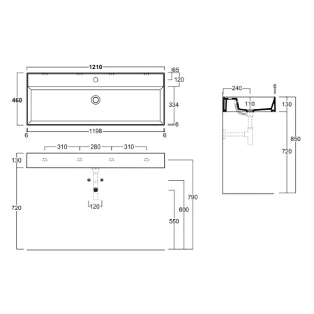 SIMAS AGILE Раковина 1210х460 см., без отв. для смесителя, с переливом, цвет nero matt