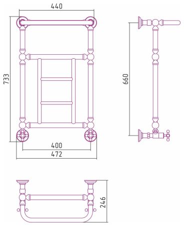 Полотенцесушитель, Сунержа, Ренессанс 1452, водяной, ширина, мм-400, глубина, мм-246, высота, мм-660, подключение-нижнее, мощность, Вт-206, материал-нержавеющая сталь, цвет-матовый чёрный
