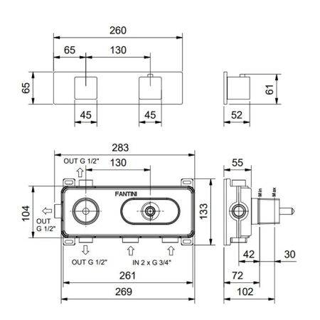 FANTINI MINT Смеситель для душа встраиваемый, термостатический, с переключателем на 3 положения, внешняя часть, цвет черный матовый