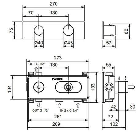 Fantini Nostromo Термостатический встраиваемый смеситель для душа на 2 потока , с поворотной ручкой, цвет: Золото плюс