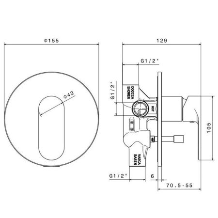 Встроенный однорычажный смеситель PIANO для душа с переключателем на два потока, внешняя и внутренняя части, хром глянец, артикул 69370KM.21.018