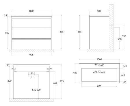 FAMILY База под раковину напольная с тремя выкатными ящиками, Pino Esotica, 1000x480x845, FAMILY-1000-3C-PIA-PE, артикул Family-1000-3C-PIA-PE