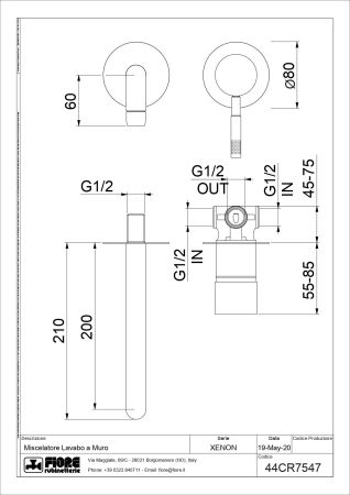 Fiore Xenon, встраиваемый в стену однорычажный смеситель для раковины, цвет матовое золото, артикул 44OZ7547