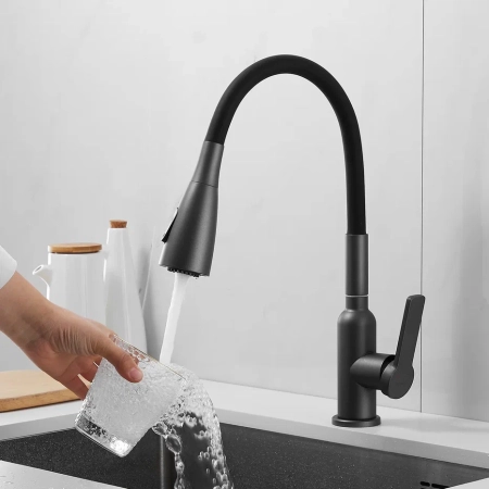 Смеситель для кухни с гибким изливом Shevanik S843T-3, оружейная сталь/черный, артикул S843T-3