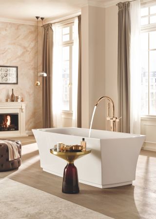 Смеситель для ванны GROHE Grandera с душевым гарнитуром, верхняя монтажная часть, напольный монтаж, теплый закат глянец (23318DA0)