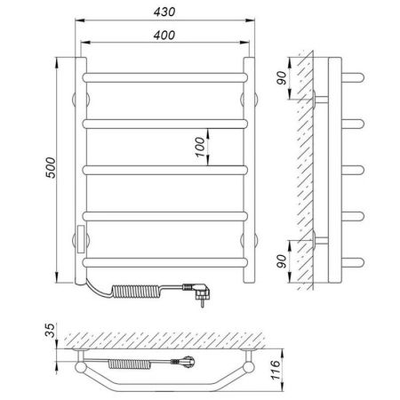 Полотенцесушитель электро "Виктория П5 400*500", левый, артикул 73207636
